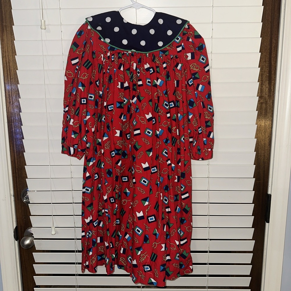 Sugar Buttons Dress Girls Nautical Flags Rope Size 7 Long Sleeve Red Vintage
